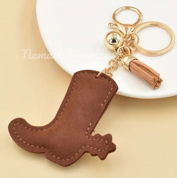Western Boot Crystal Rhinestone Keychain Bag Charm With Tan Tassel - Picture 3 of 16